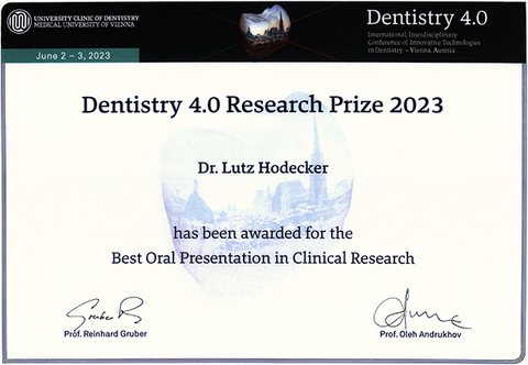 Dentistry 4.0 Research Prize 2023 certificate from the University Clinic of Dentistry Vienna for Dr. Lutz Hodecker