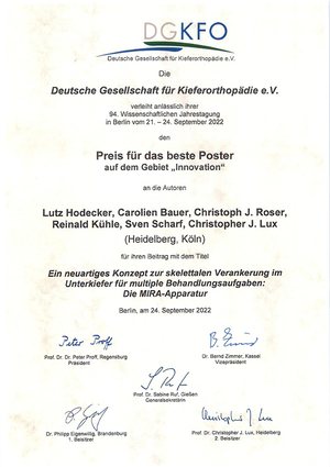 Certificate from the German Society of Orthodontics: prize for the best poster in the field of innovation, 2022