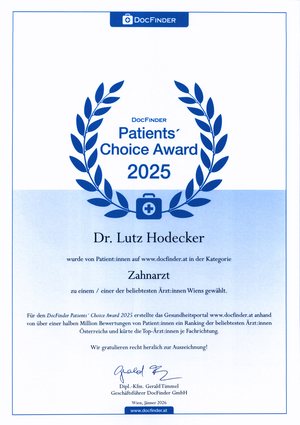 DocFinder Patients' Choice Award 2025 certificate for Prim. Dr. Lutz Hodecker